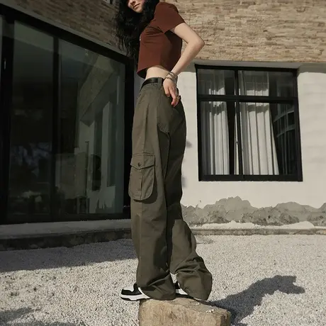 YEP美式复古工装裤女春秋2024新款宽松纯色休闲裤机能拖地直筒裤图片