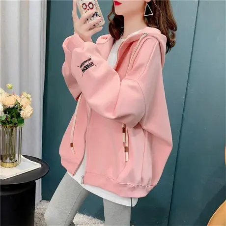 粉色开衫卫衣外套女2022年新款慵懒风宽松连帽ins超火刺绣上衣潮商品大图