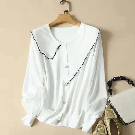 春装2024年新款雪纺袖冰丝针织假开衫女长袖上衣宽松打底衫女洋气商品大图