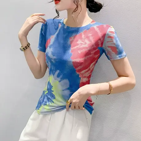 拼色印花短袖T恤女2024夏季新款时尚圆领气质小衫ins修身网纱上衣商品大图