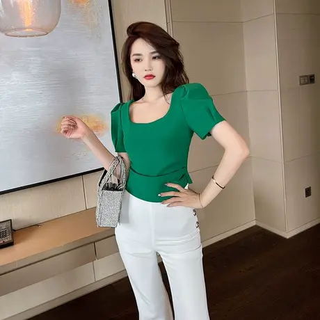 法式别致泡泡袖上衣女设计感2023夏季气质复古方领短袖露锁骨t恤商品大图