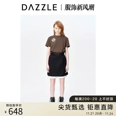 DAZZLE地素奥莱23春装新款复古简约休闲别致刺绣短袖T恤上衣内搭图片