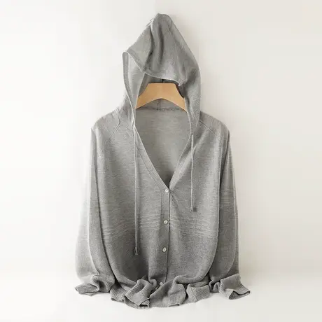 夏季新款宽松休闲连帽针织衫开衫女百搭长袖灰色冰丝防晒上衣女短商品大图