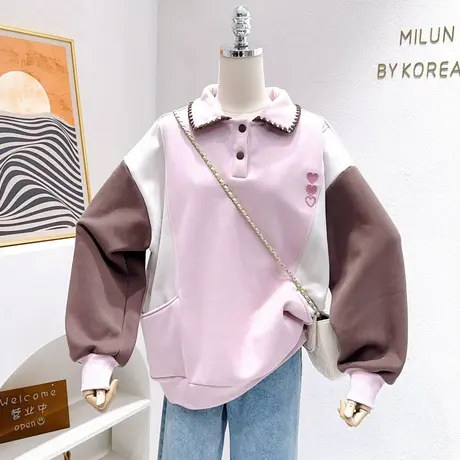 微胖遮肉~小众设计感拼色娃娃领加绒卫衣秋冬翻领宽松摇粒绒上衣图片