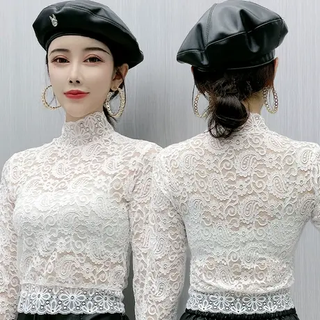 蕾丝打底衫女2022早秋新款大码胖mm网纱内搭蕾丝衫长袖打底衫女图片