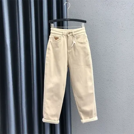 个性贴布哈伦裤女秋冬新款卡其色加绒保暖设计感高腰百搭牛仔长裤图片