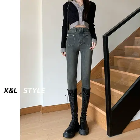 水泥灰小脚牛仔裤女秋冬季2023新款高腰显瘦紧身加绒修身铅笔裤子图片