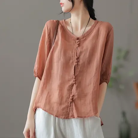 dza 复古棉麻上衣女士短袖夏季薄款白色衬衣气质漂亮高端苎麻开衫图片