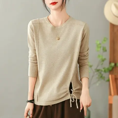 dza 复古纯色圆领套头毛衣女秋冬洋气内搭上衣宽松打底开叉针织衫图片