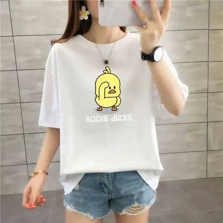 ins港风短袖t恤女2024年夏季新款印花小黄鸭大码纯棉百搭学生半袖商品大图