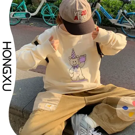 红续日系温柔慵懒风无帽杏色卫衣oversize显瘦百搭加厚上衣长袖潮图片