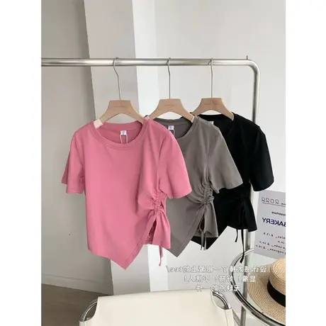 不规则短款纯色短袖T恤女2022夏季新款抽绳高级设计感小众上衣潮商品大图
