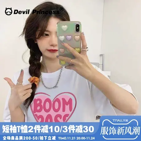 ins韩系甜美爱心印花oversize慵懒风早春纯棉短袖T恤宽松大码女装图片