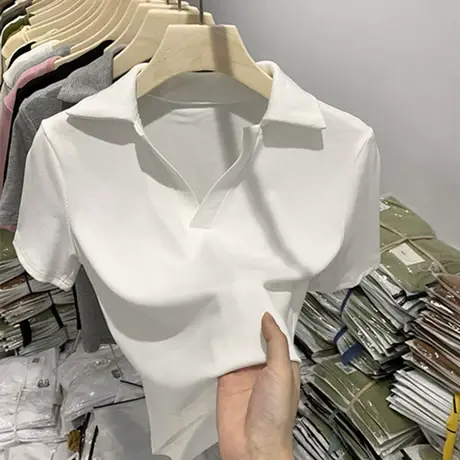 白色polo领美式正肩短袖t恤女夏季修身辣妹v领独特设计感短款上衣商品大图