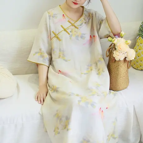 夏新品新中式旗袍连衣裙大码撞色盘扣V领长裙图片