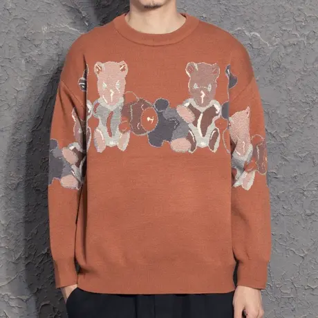 2022年春秋新款小清新小熊提花圆领毛衣男潮宽松慵懒针织衫打底衫图片