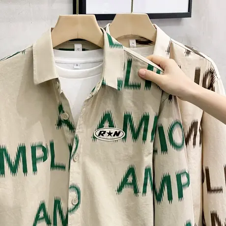 美式休闲印花男士衬衫痞帅秋季日系洗水设计感小众长袖衬衣外套商品大图