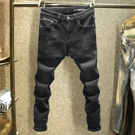 高端黑色牛仔裤男款欧货潮流弹力修身小脚裤秋季时尚百搭休闲长裤商品大图