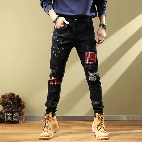 高端破洞黑色牛仔裤男秋季款韩版贴布镶钻男裤潮牌修身小脚裤子男商品大图