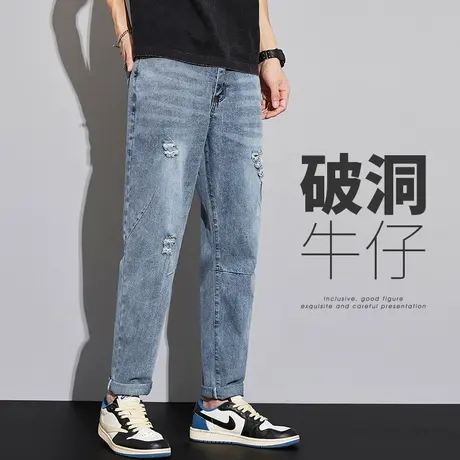 夏季薄款男士乞丐破洞休闲牛仔裤子夏天潮牌男装宽松直筒2024新款商品大图