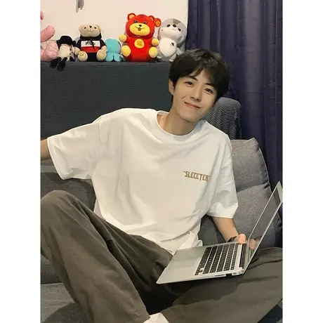 夏季短袖t恤男士重磅纯棉青少年简约潮流痞帅宽松学生半截袖体恤商品大图