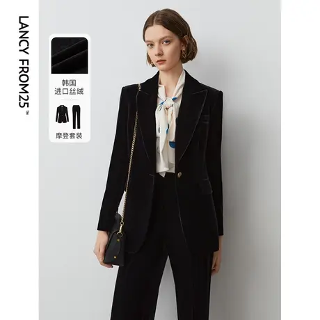朗姿法式复古丝绒戗驳领黑色西装外套女2023冬季新款通勤西服上衣图片