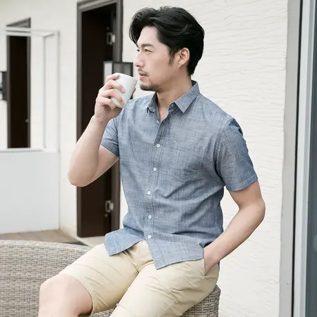 格慕施夏季半袖全棉纯色男士衬衫大码商务休闲短袖衬衣竹节布薄款商品大图