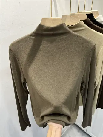 早秋新款半高领磨毛针织长袖T恤女2023羊绒打底衫内搭温柔风上衣商品大图