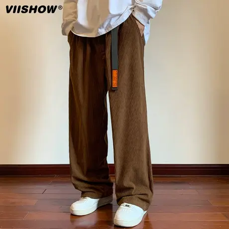 VIISHOW复古嘻哈腰带纯色直筒运动裤男生潮牌宽松阔腿灯芯绒长裤商品大图