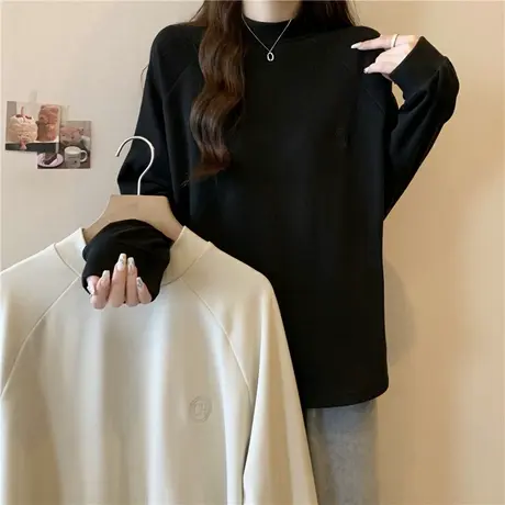 ins超火德绒刺绣长袖T恤女秋冬宽松内搭打底衫加绒加厚半高领上衣商品大图