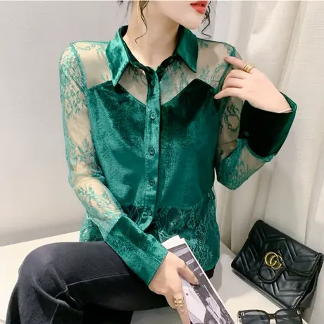 设计感蕾丝开叉拼接纽扣打底衫透气网纱衬衫女POLO领洋气减龄上衣商品大图