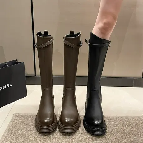 厚底长筒靴子女2023新款秋冬加绒小个子长靴棕色瘦瘦靴高筒骑士靴图片