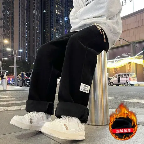 裤子男春秋季灯芯绒加绒加厚直筒长裤ins新款宽松潮流运动休闲裤商品大图