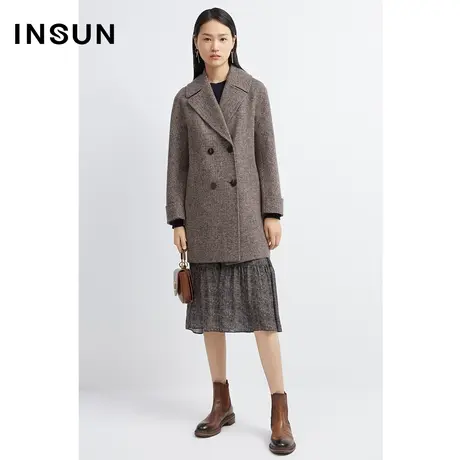 INSUN恩裳冬季花纱格纹美丽诺绵羊毛毛呢外套商品大图