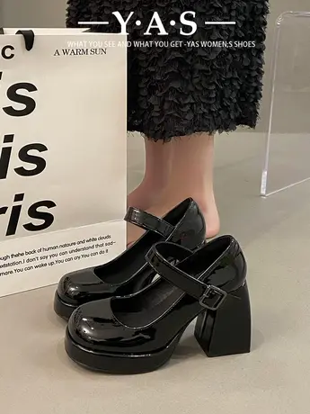 高跟鞋女婚鞋法式一字带玛丽珍鞋防水台粗跟单鞋米白色气质伴娘鞋图片