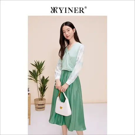 YINER音儿女装春季法式优雅莱赛尔蚕丝假两件针织衫图片