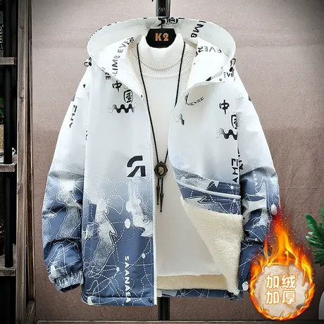 渐变外套男士秋冬季加绒加厚夹克男装青少年印花春秋款工装褂子男商品大图