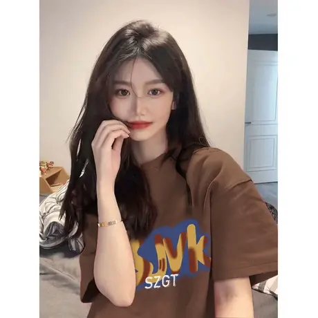 美式复古纯棉短袖t恤女小个子2023夏季宽松潮牌oversize半袖上衣商品大图