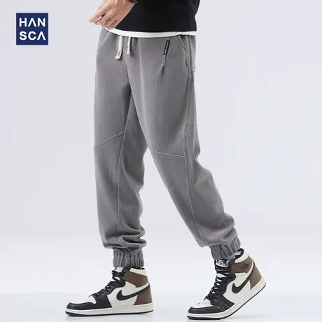 hansca黑色休闲裤男春秋宽松大码青少年韩版纯色弹力抽绳束脚裤子商品大图