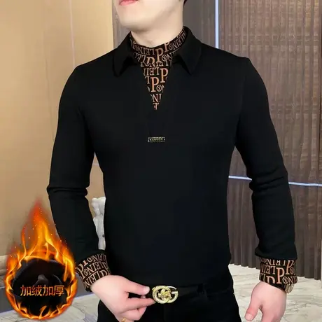 2023冬季新款男士加绒加厚假两件卫衣半高领长袖T恤冬装打底小衫商品大图