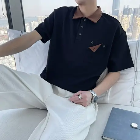夏季潮牌t恤撞色翻领短袖POLO衫男ins轻熟简约高级感半袖体恤上衣商品大图