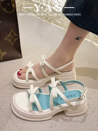 蝴蝶结厚底增高露趾凉鞋女2024春季新款仙女风配裙子一字带罗马鞋商品大图