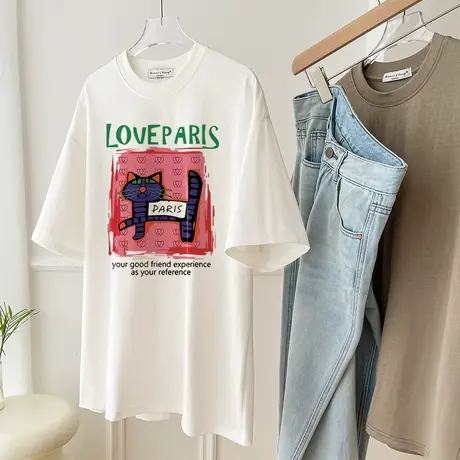 白色短袖t恤女2024夏季新款字母印花设计感洋气减龄宽松百搭上衣图片