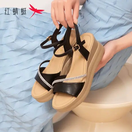 红蜻蜓坡跟凉鞋女夏季2023年新款百搭不累脚妈妈鞋松糕厚底高跟鞋商品大图