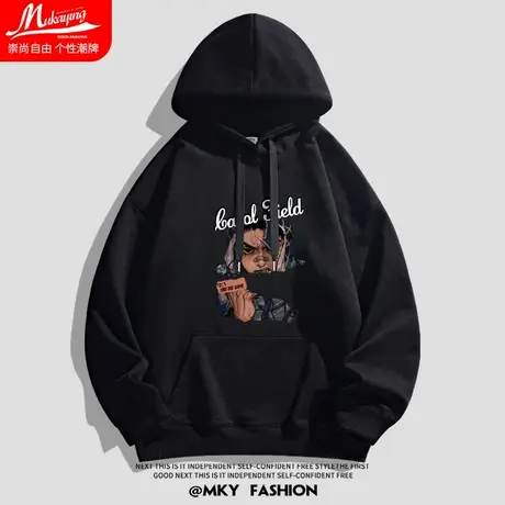 美式潮牌高街复古宽松大码oversize连帽卫衣男春秋款日系卡通帽衫图片