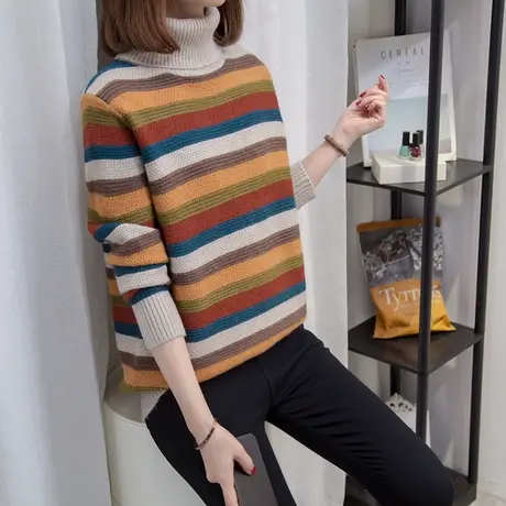 高领毛衣女打底衫2023秋冬新款宽松慵懒风外穿上衣内搭条纹针织衫图片