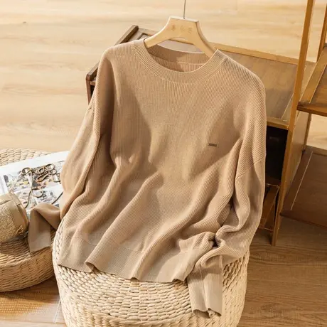 羊毛套头针织衫女秋冬宽松文艺复古三七毛打底毛衣女显瘦2022新款商品大图