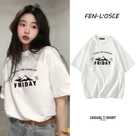 日系原宿风短袖印花T恤2023年夏季新款女白色上衣宽松半袖体恤潮商品大图