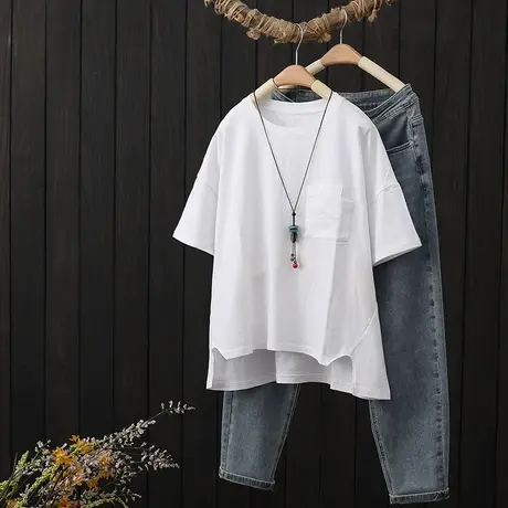 短袖T恤女夏季2023年新款文艺纯色宽松显瘦全棉t恤衫圆领半袖上衣商品大图