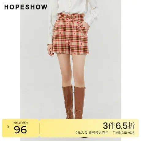 红袖outlets格纹高腰短裤hopeshow2022冬季款显瘦阔腿显瘦休闲裤商品大图